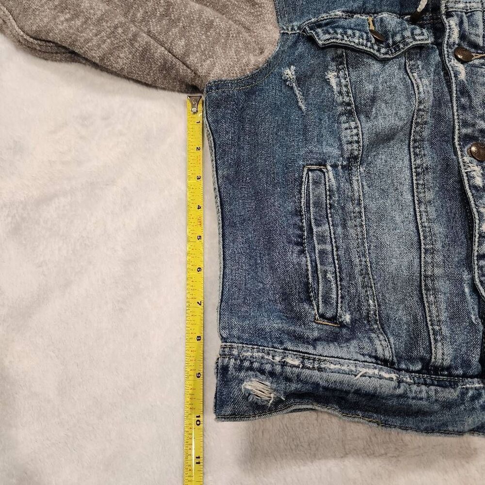Free People Blue Denim Jean Jacket with Gray Knit Hoodie Sleeves - Picture 5 of 9